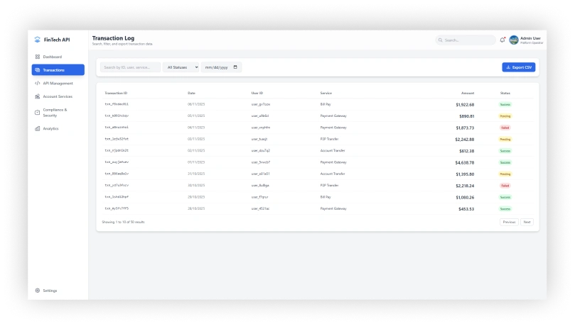 Financial Services API Platform Transactions