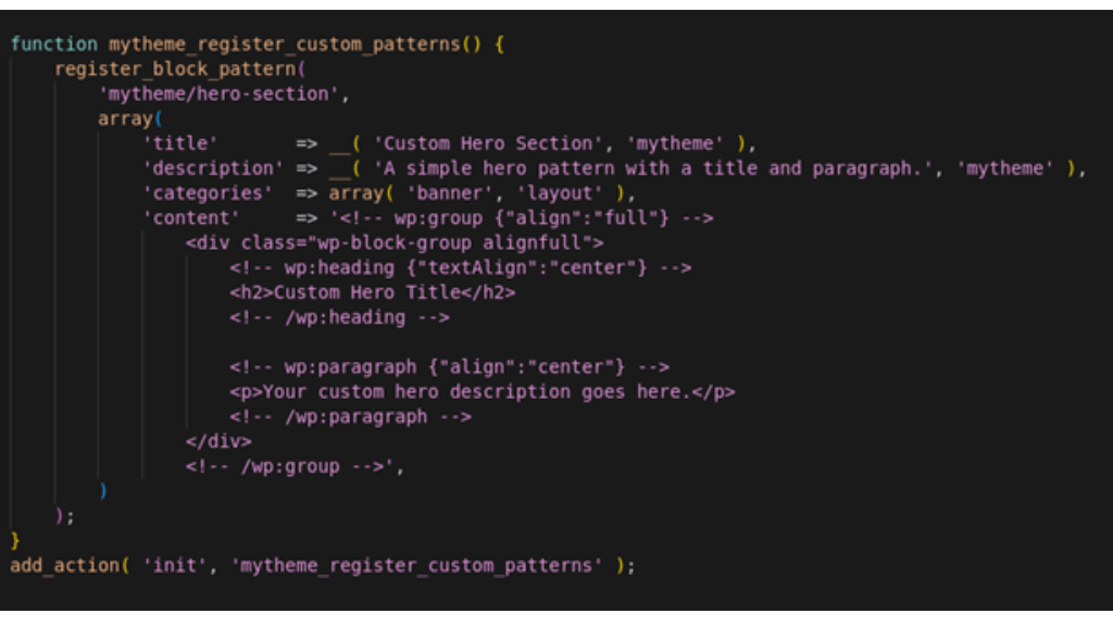register the pattern in functions php